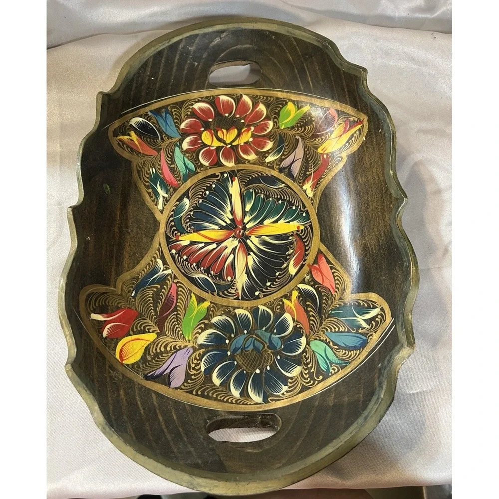 VTG Folk‎ Art Wood Tray-Oval Hand Painted Server With Handles Woolworth (2431)